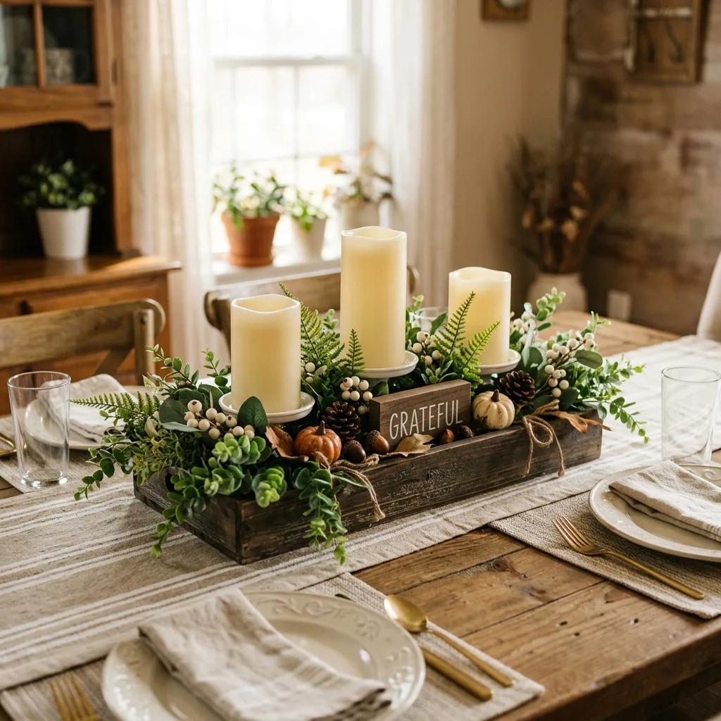 Farmhouse dining table centerpiece made with budget decor